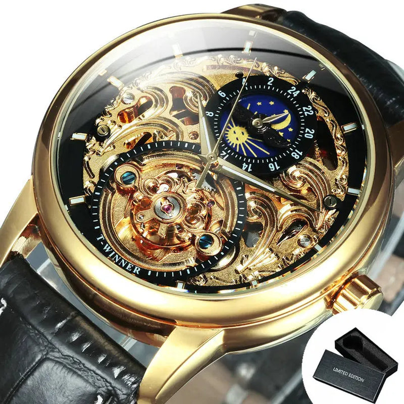 WINNER Classic Retro Automatic Mechanical Watches Luxury Tourbillon Skeleton Mens Watch Moon Phase Genuine Leather Strap Clock