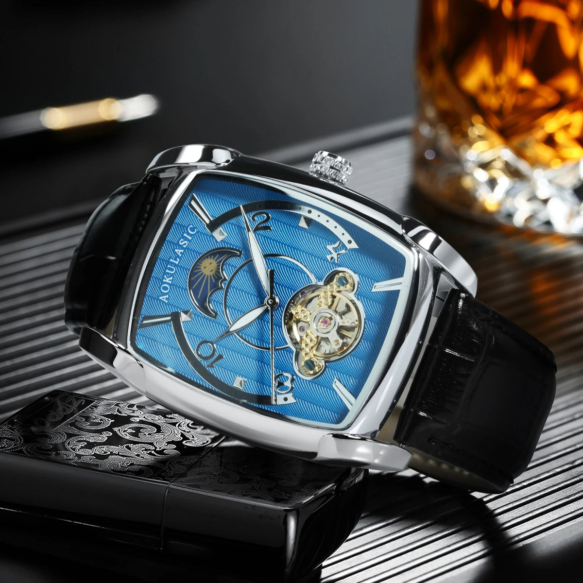 Tonneau Moon Phase Automatic Watch for Men Luxury Brand Tourbillon Skeleton Mechanical Watches Leather Belt Luminous Hands Clock