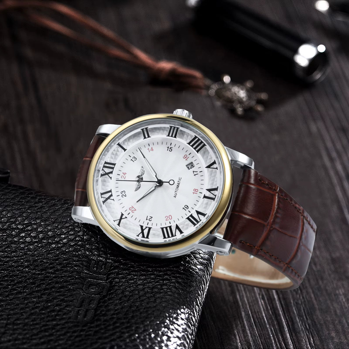 WINNER Business Fashion Mechanical Watches Date Display Minimalist Automatic Watch for Men Casual Brown Leather Strap Wristwatch