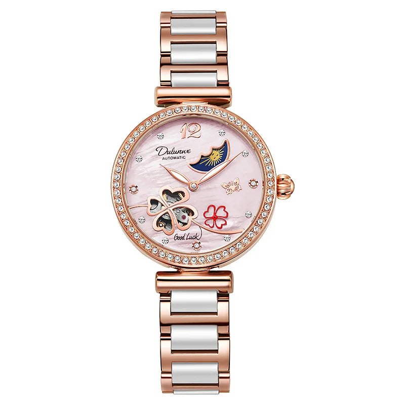 Lucky Clover Mechanical Watch for Women Ceramic Strap Original Wristwatch Skeleton Automatic Diamond Elegant Ladies Watches