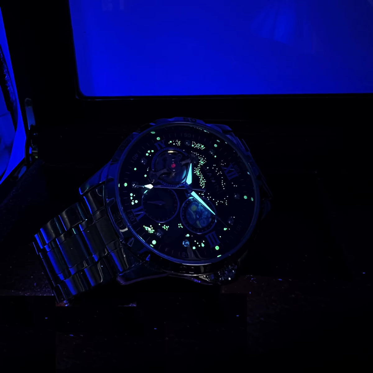 Tourbillon Skeleton Mechanical Watches Starry Sky Moon Phase Dial Steel Leather Strap Luxury Brand Automatic Men Watch
