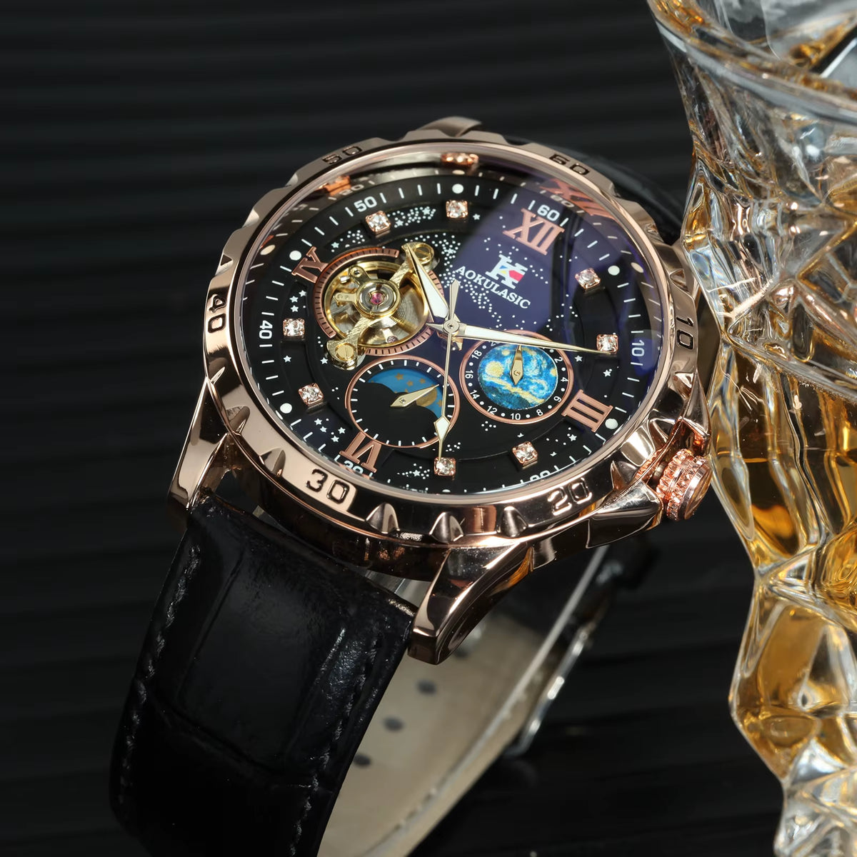 Tourbillon Skeleton Mechanical Watches Starry Sky Moon Phase Dial Steel Leather Strap Luxury Brand Automatic Men Watch