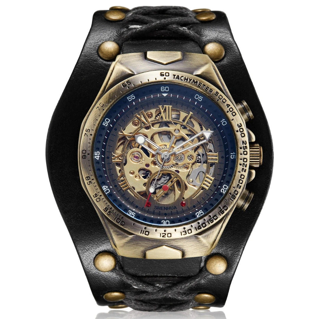 SHENHUA Bronze Antique Mechanical Watch Automatic Watch Mens Skeleton Watches Bronze Leather Steampunk Men Vintage Sport Wristw