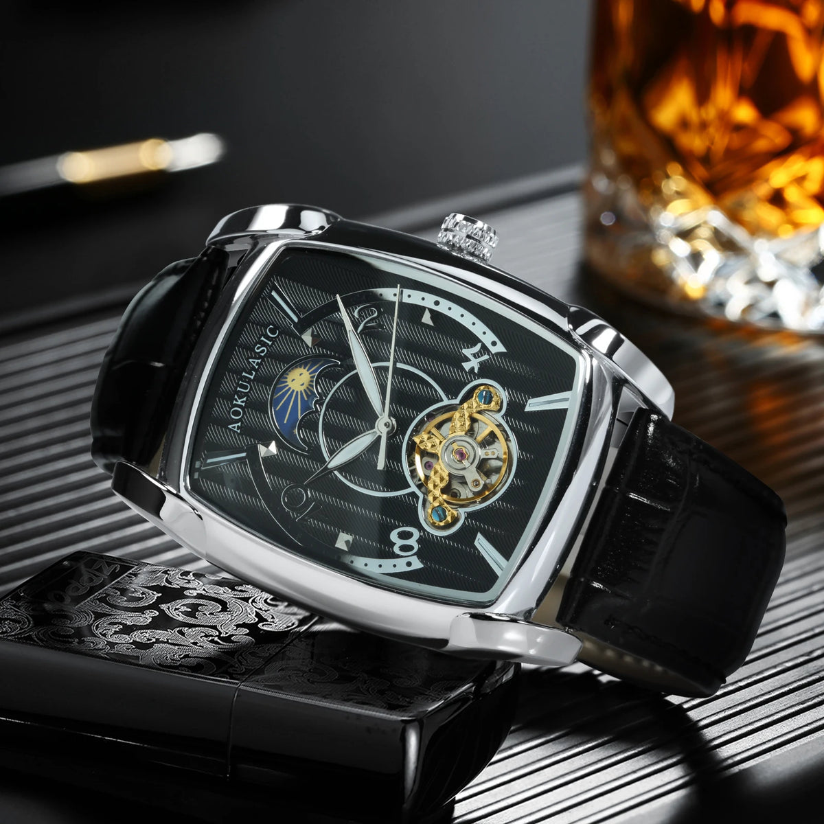 Tonneau Moon Phase Automatic Watch for Men Luxury Brand Tourbillon Skeleton Mechanical Watches Leather Belt Luminous Hands Clock