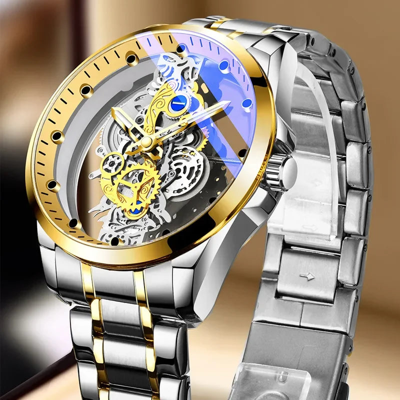New Fashion Double Hollow Watch Men Luxury Gold Watches Imitation Mechanical Tourbillon Quartz Wristwatches Men Montre Homme