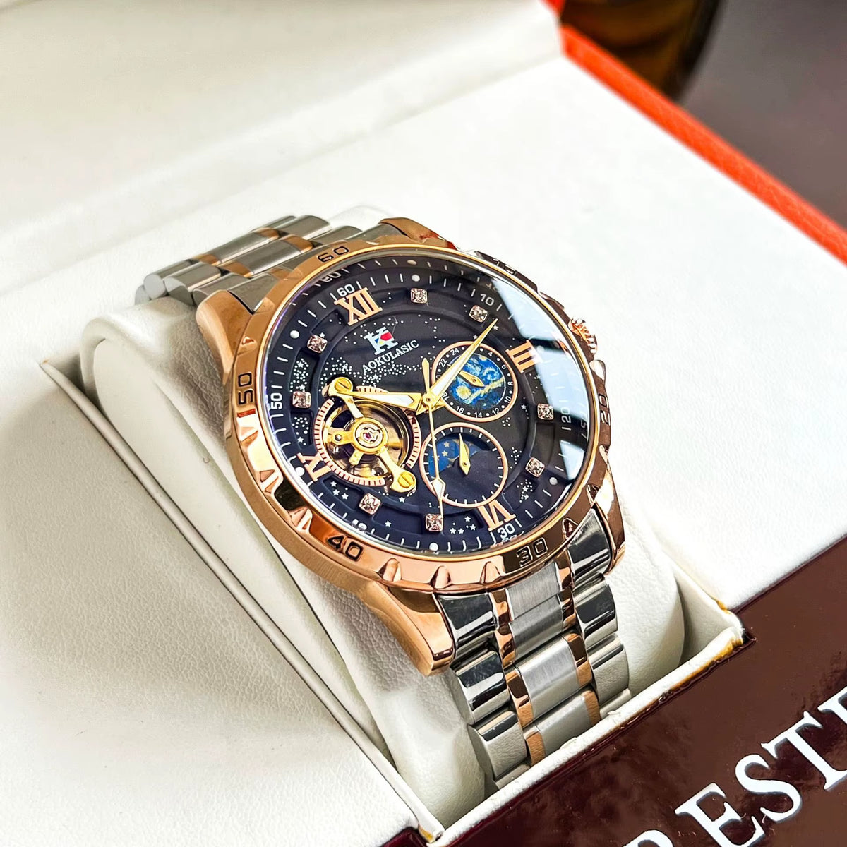 Tourbillon Skeleton Mechanical Watches Starry Sky Moon Phase Dial Steel Leather Strap Luxury Brand Automatic Men Watch