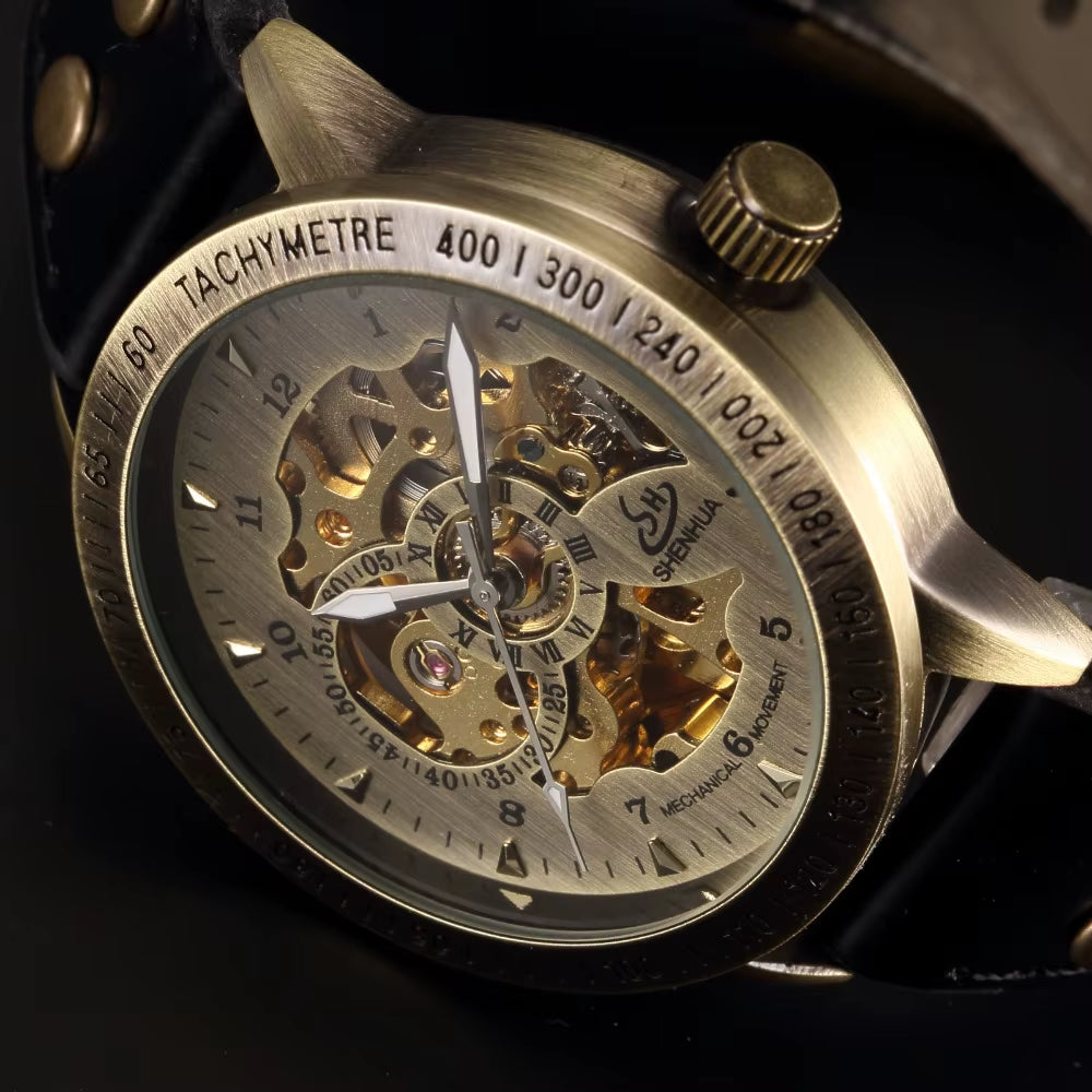 Bronze Automatic Mechanical Watch Men Leather Strap Steampunk Self-Wind Male Mechanical Clock Wristwatch Relogio Masculino 2020