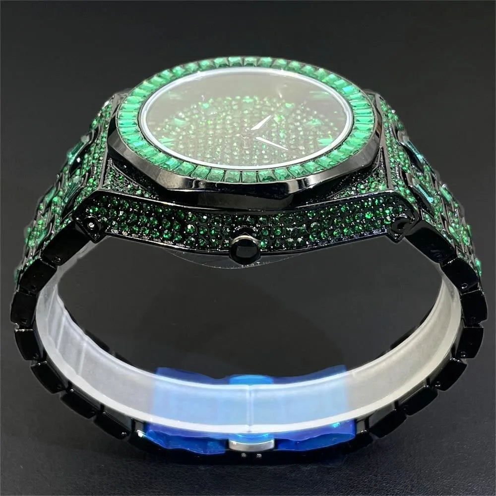 2024 Hip Hop Green Diamond Watche for Men Fashion Automatic Date AAA Quartz Clock Dress Square Iced Jewelry Wristwatch Man Reloj