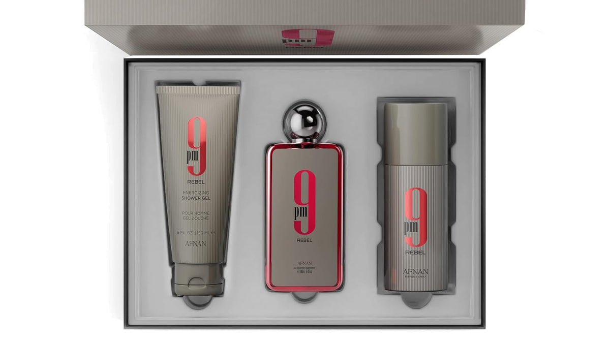 9 PM Rebel Unisex Luxury Perfume Gift Set – Eau De Parfum (3.4 Oz), Deodorant (5.0 Oz), Shower Gel (5.0 Oz)