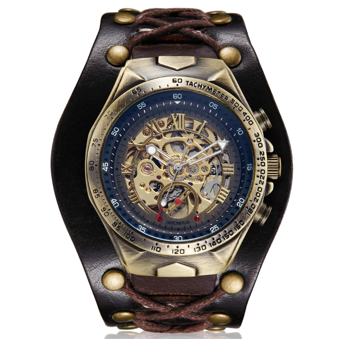 SHENHUA Bronze Antique Mechanical Watch Automatic Watch Mens Skeleton Watches Bronze Leather Steampunk Men Vintage Sport Wristw