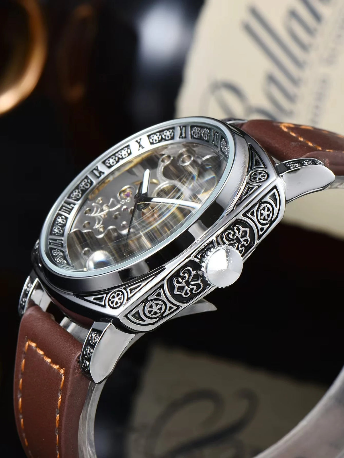 Men Automatic Watch Retro Style Mechanical Watches Skeleton Carve Waterproof Leather No Logo Mens Watch Boyfriend'S Gift