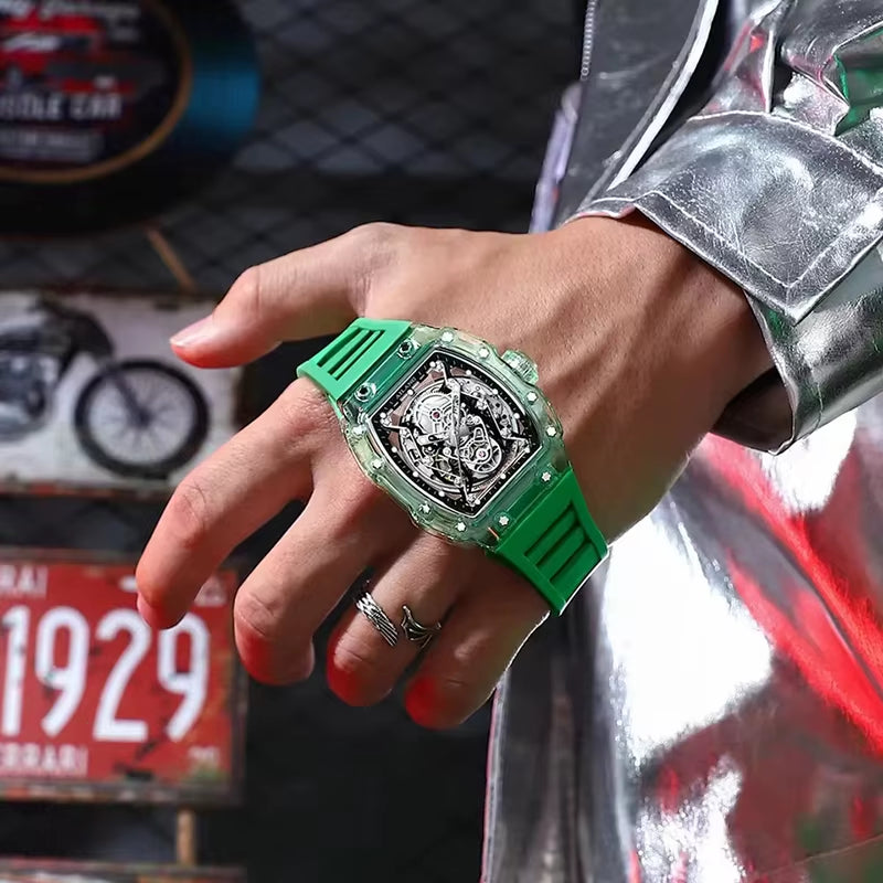 Men'S Automatic Mechanical Watch Sport Silicone Strap Waterproof Luminous Tonneau Design Skeleton Wrist Watch for Men