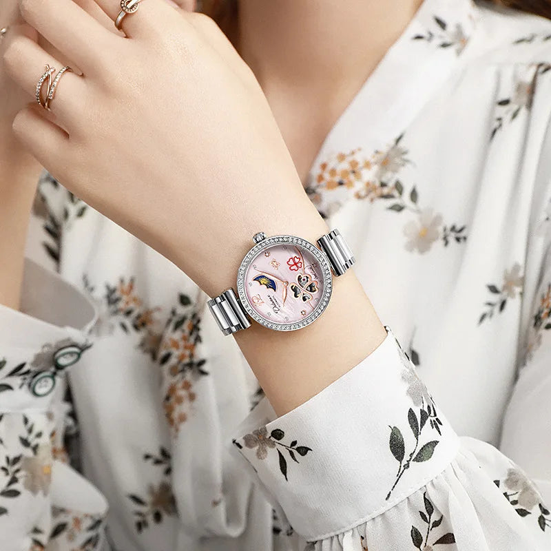 Lucky Clover Mechanical Watch for Women Ceramic Strap Original Wristwatch Skeleton Automatic Diamond Elegant Ladies Watches