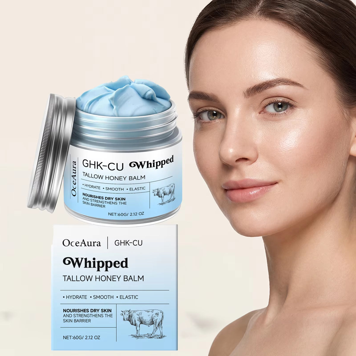 Copper Peptides Beef Tallow Honey Moisturizer Cream Brightening Rejuvenation Skin Non-Greasy Deep Hydration Whipped Tallow Balm