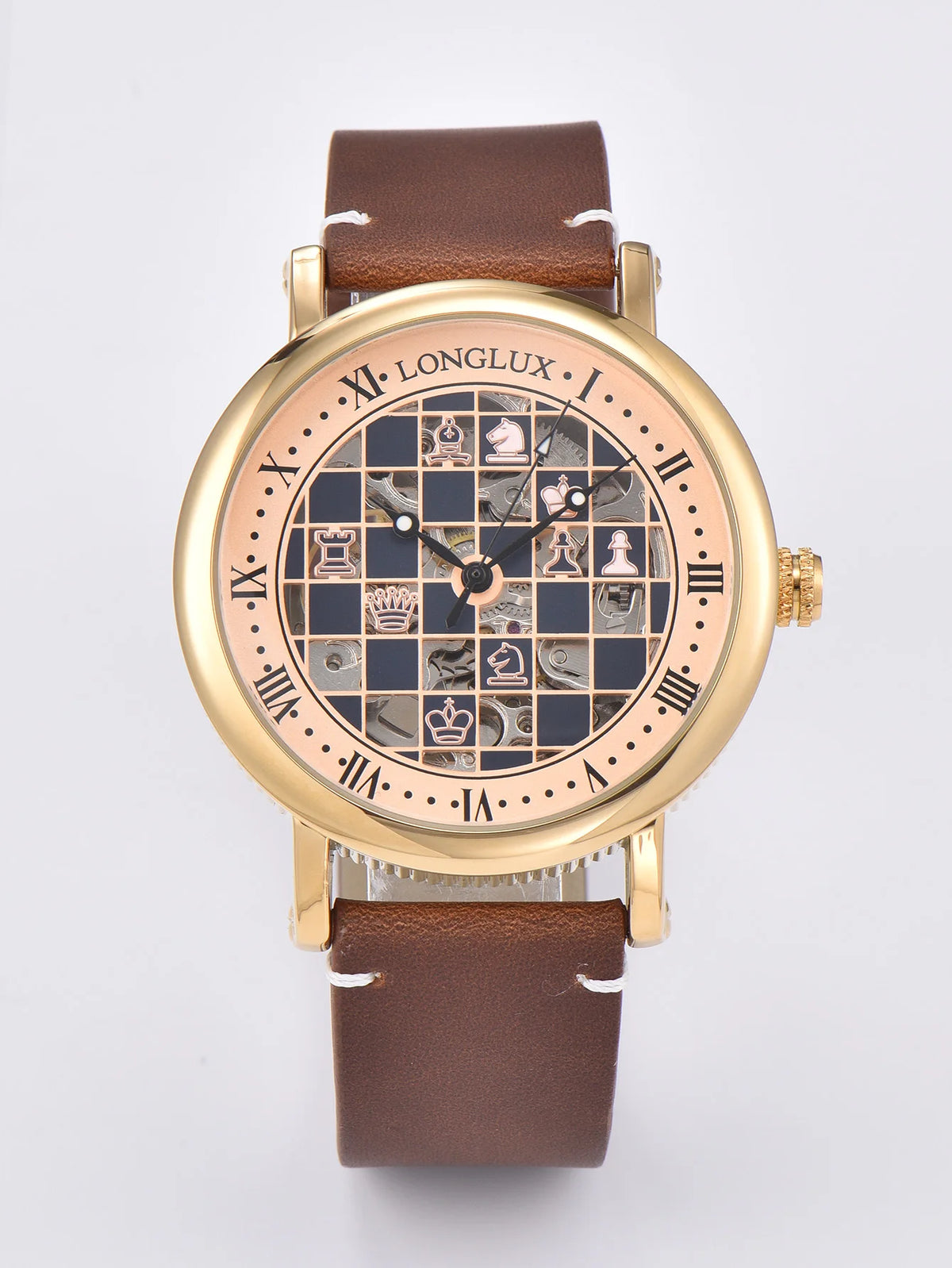 Men Automatic Watch Chess Checkerboard Mechanical Watches Waterproof Vintage Business Luminous Skeleton Leather Gift for You