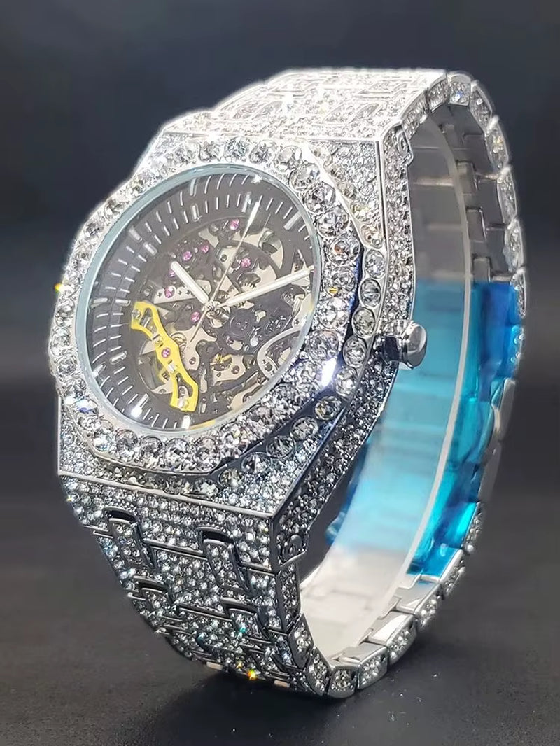 Luxury Mechaincal Men'S Watch Iced Diamond Hip Hop Automatic Watches with Hollow Dial Luminous Hand Clock for Male Dropshipping