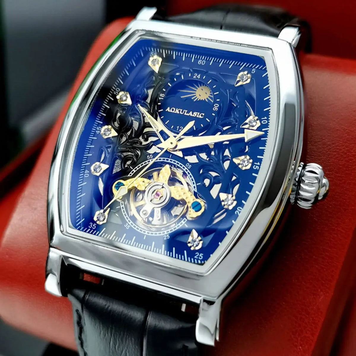 Tourbillon Iced Out Skeleton Automatic Mechanical Watches for Men Luxury Moon Phase Casual Leather Strap Mens Watch