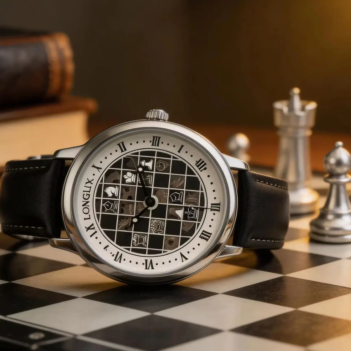 Men Automatic Watch Chess Checkerboard Mechanical Watches Waterproof Vintage Business Luminous Skeleton Leather Gift for You