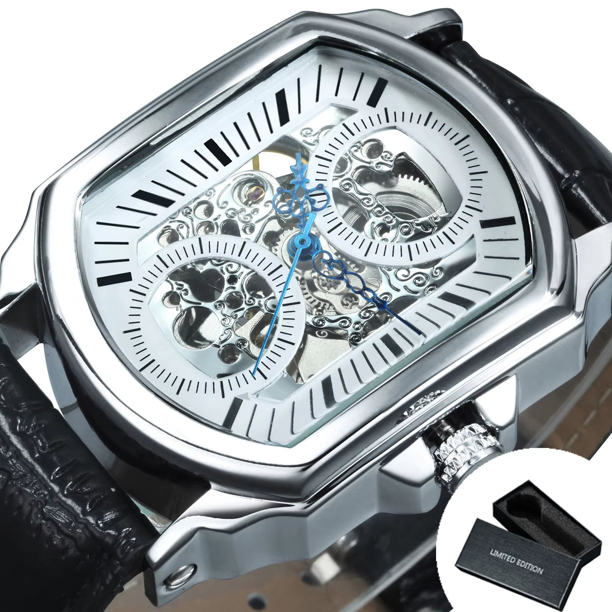 WINNER Business Mens Mechanical Watches Blue Pointers Irregular Skeleton Automatic Watch for Men Casual Leather Strap Wristwatch