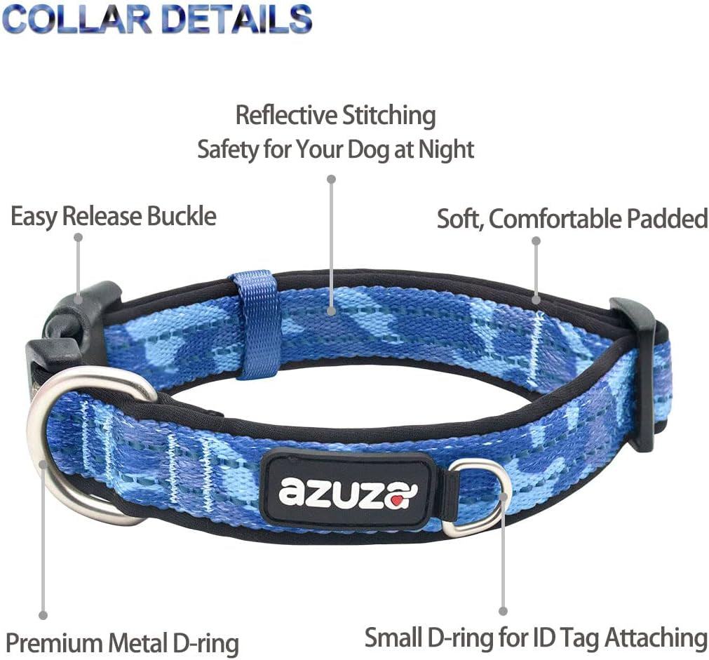 Reflective Blue Camo Dog Collar and Leash Set with AirTag Holder, Padded Design for Small Dogs