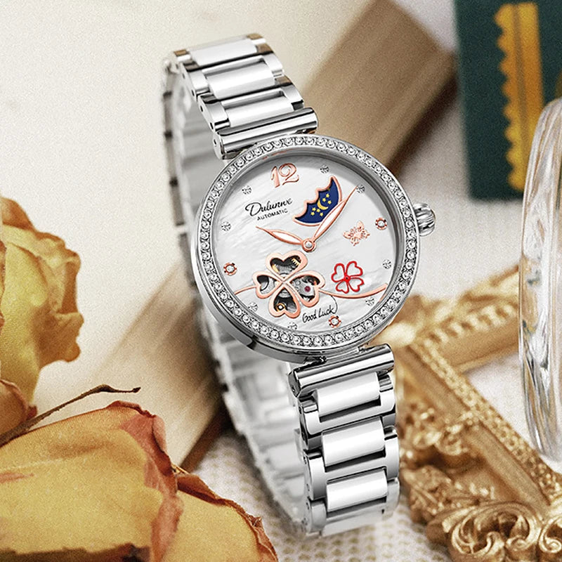 Lucky Clover Mechanical Watch for Women Ceramic Strap Original Wristwatch Skeleton Automatic Diamond Elegant Ladies Watches