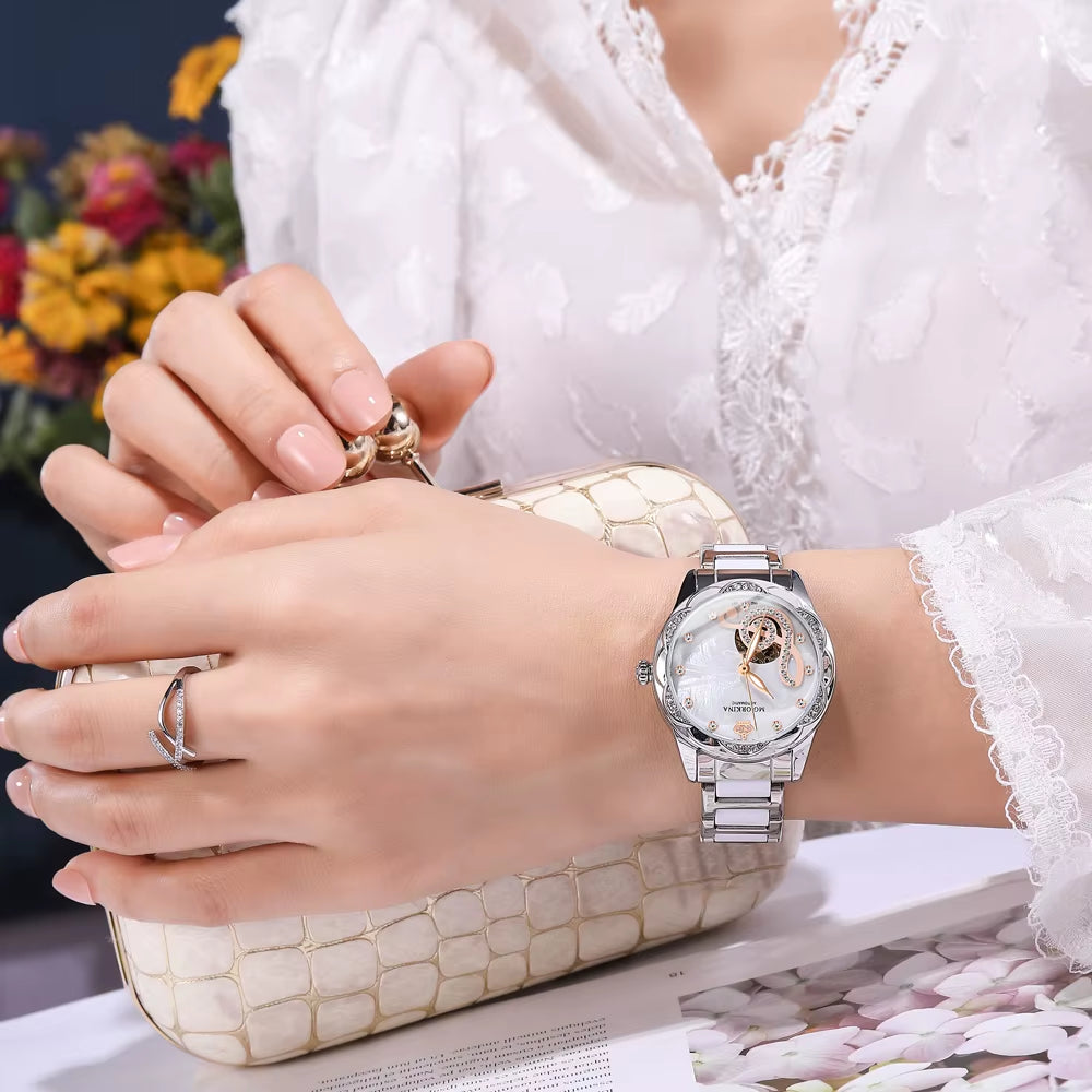 New Luxury Design Women'S Watch 2026 Diamond Ceramic Stainless Steel Strap Montre Femme Automatic Mechanical Relojes Para Mujer