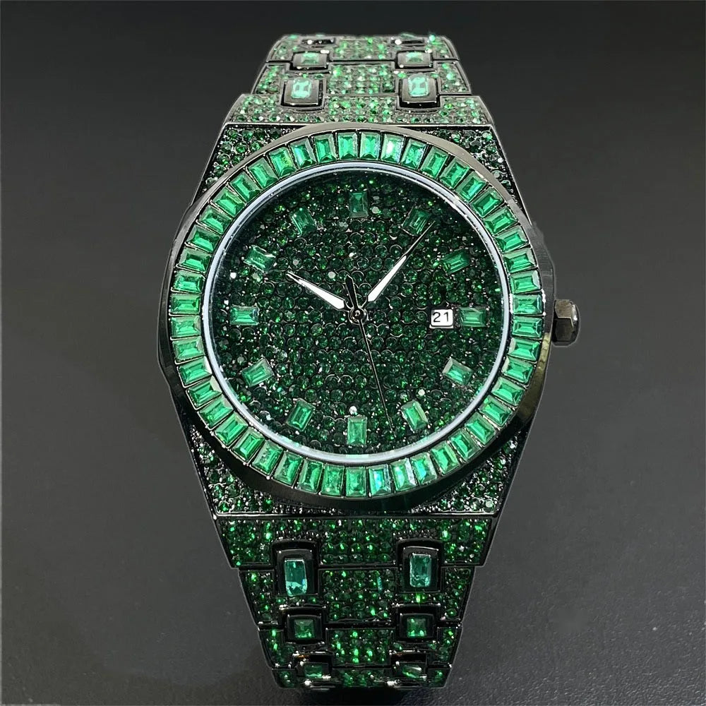 2024 Hip Hop Green Diamond Watche for Men Fashion Automatic Date AAA Quartz Clock Dress Square Iced Jewelry Wristwatch Man Reloj
