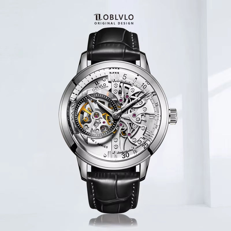 Retro Casual Men Skeleton Automatic Watches Mechanical Calfskin Strap Mineral Crystal Glass Waterproof Clock Dial 45Mm VM