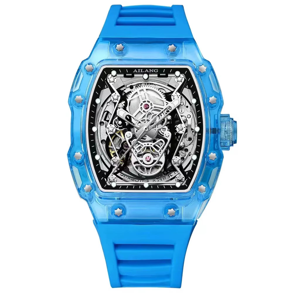 Men'S Automatic Mechanical Watch Sport Silicone Strap Waterproof Luminous Tonneau Design Skeleton Wrist Watch for Men