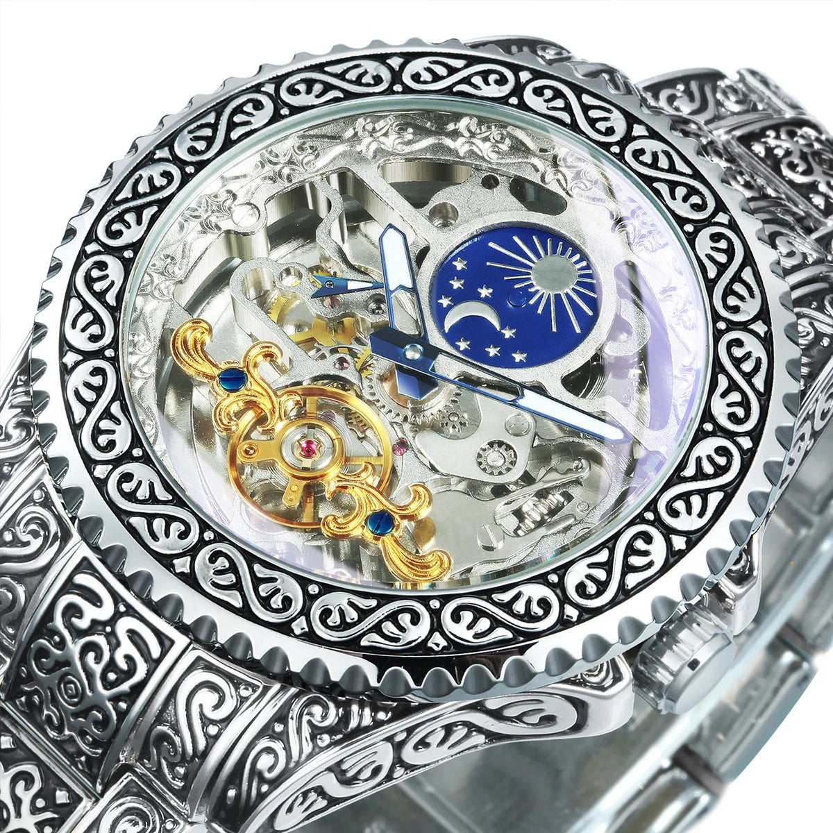 Luxury Gold Skeleton Mechanical Watches Moon Phase Retro Engraved Luminous Tourbillon Automatic Mens Watch Steel Strap