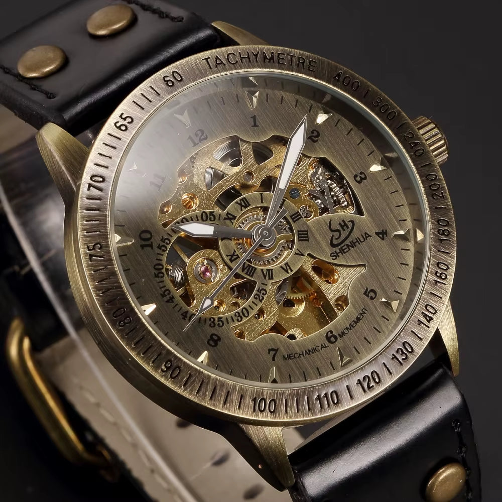 Bronze Automatic Mechanical Watch Men Leather Strap Steampunk Self-Wind Male Mechanical Clock Wristwatch Relogio Masculino 2020