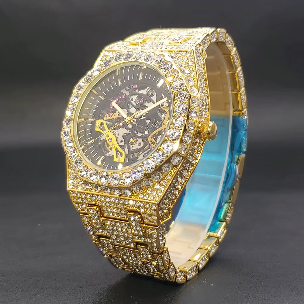Luxury Mechaincal Men'S Watch Iced Diamond Hip Hop Automatic Watches with Hollow Dial Luminous Hand Clock for Male Dropshipping