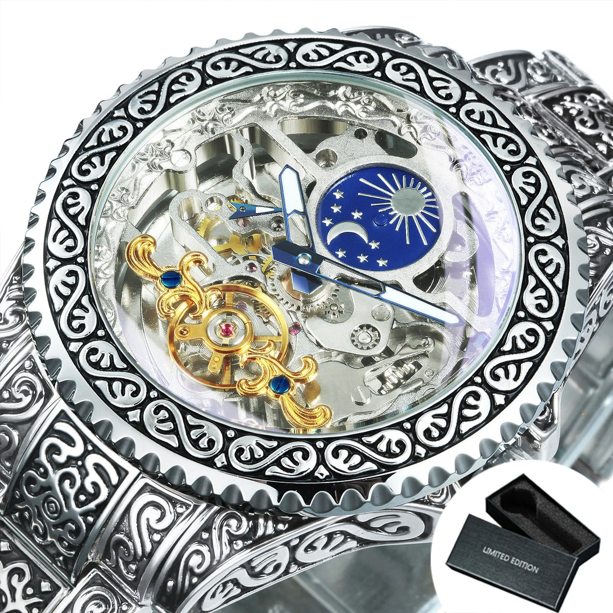 Luxury Gold Skeleton Mechanical Watches Moon Phase Retro Engraved Luminous Tourbillon Automatic Mens Watch Steel Strap