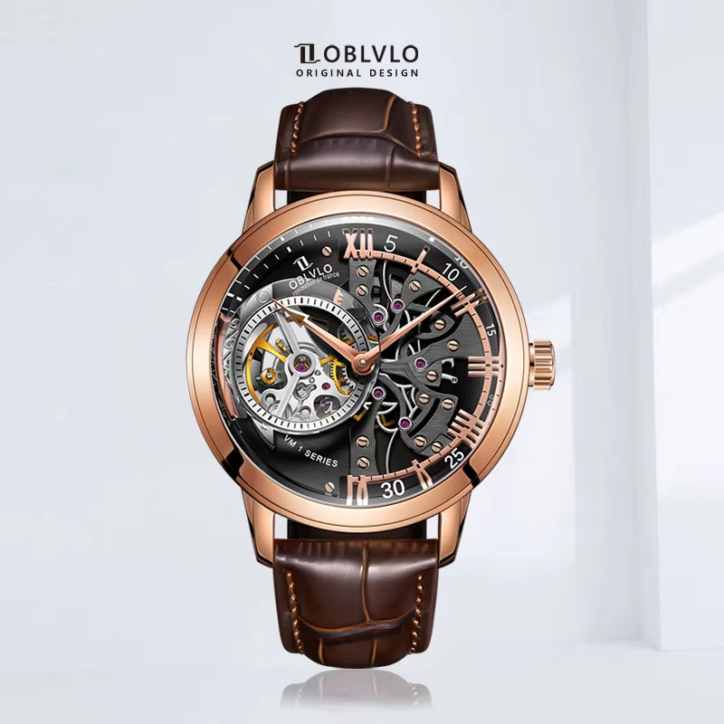 Retro Casual Men Skeleton Automatic Watches Mechanical Calfskin Strap Mineral Crystal Glass Waterproof Clock Dial 45Mm VM