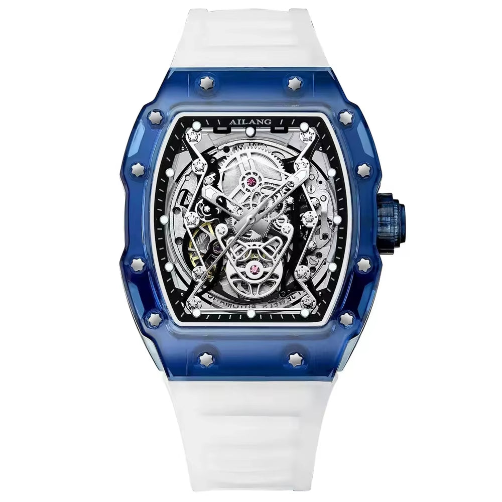 Men'S Automatic Mechanical Watch Sport Silicone Strap Waterproof Luminous Tonneau Design Skeleton Wrist Watch for Men