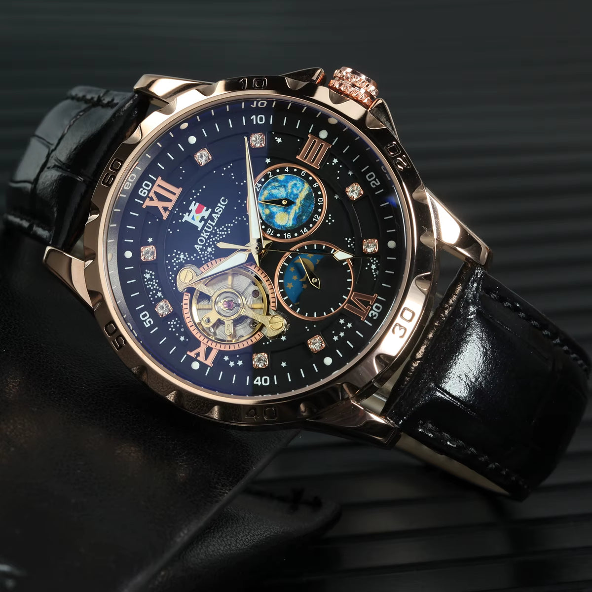 Tourbillon Skeleton Mechanical Watches Starry Sky Moon Phase Dial Steel Leather Strap Luxury Brand Automatic Men Watch