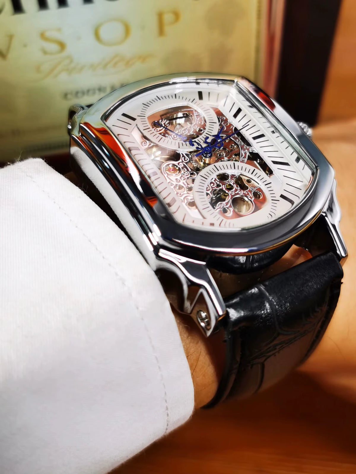 WINNER Business Mens Mechanical Watches Blue Pointers Irregular Skeleton Automatic Watch for Men Casual Leather Strap Wristwatch