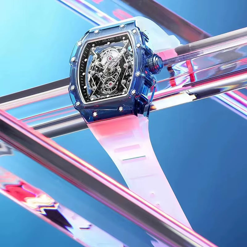 Men'S Automatic Mechanical Watch Sport Silicone Strap Waterproof Luminous Tonneau Design Skeleton Wrist Watch for Men