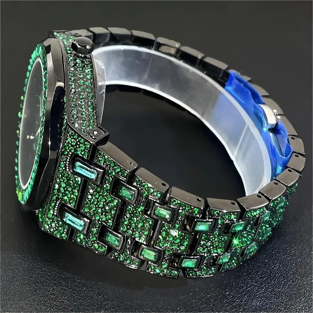 2024 Hip Hop Green Diamond Watche for Men Fashion Automatic Date AAA Quartz Clock Dress Square Iced Jewelry Wristwatch Man Reloj