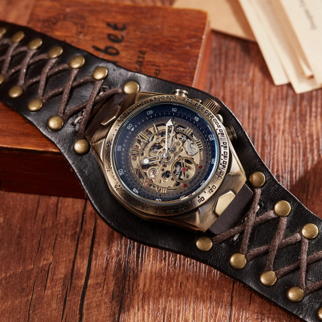 SHENHUA Bronze Antique Mechanical Watch Automatic Watch Mens Skeleton Watches Bronze Leather Steampunk Men Vintage Sport Wristw