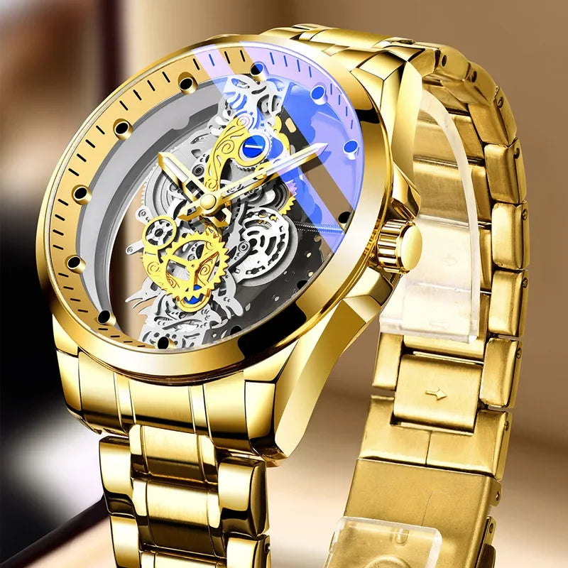 New Fashion Double Hollow Watch Men Luxury Gold Watches Imitation Mechanical Tourbillon Quartz Wristwatches Men Montre Homme