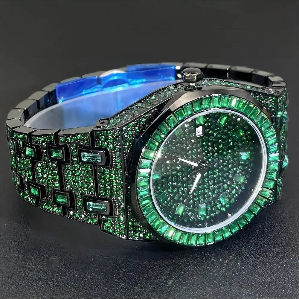 2024 Hip Hop Green Diamond Watche for Men Fashion Automatic Date AAA Quartz Clock Dress Square Iced Jewelry Wristwatch Man Reloj