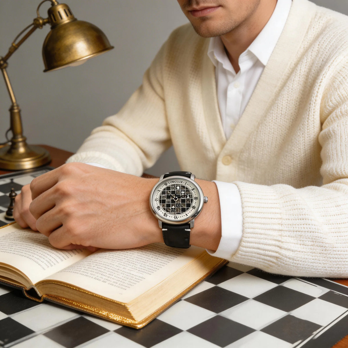 Men Automatic Watch Chess Checkerboard Mechanical Watches Waterproof Vintage Business Luminous Skeleton Leather Gift for You