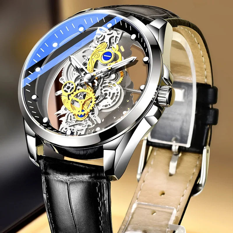 New Fashion Double Hollow Watch Men Luxury Gold Watches Imitation Mechanical Tourbillon Quartz Wristwatches Men Montre Homme