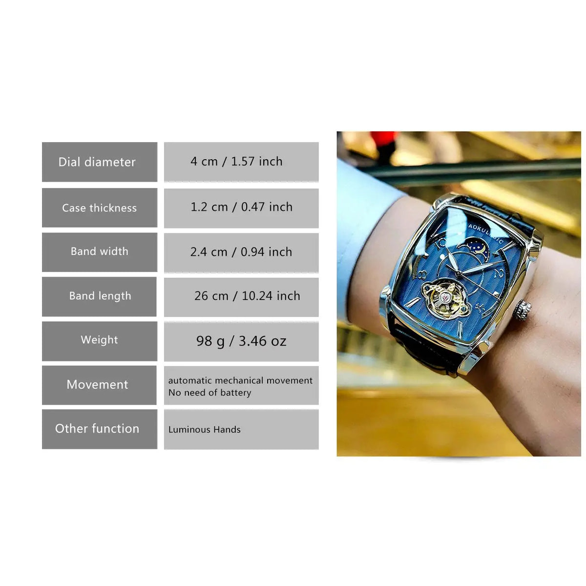 Tonneau Moon Phase Automatic Watch for Men Luxury Brand Tourbillon Skeleton Mechanical Watches Leather Belt Luminous Hands Clock