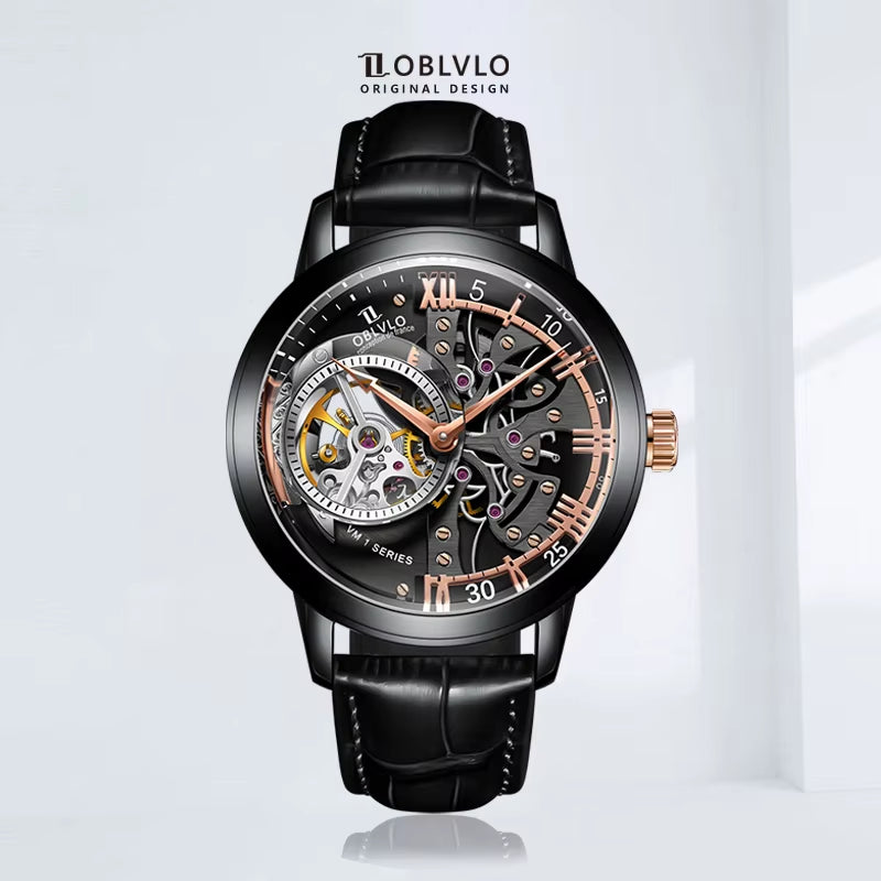 Retro Casual Men Skeleton Automatic Watches Mechanical Calfskin Strap Mineral Crystal Glass Waterproof Clock Dial 45Mm VM
