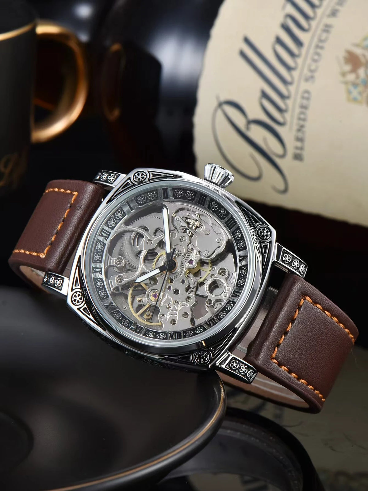 Men Automatic Watch Retro Style Mechanical Watches Skeleton Carve Waterproof Leather No Logo Mens Watch Boyfriend'S Gift