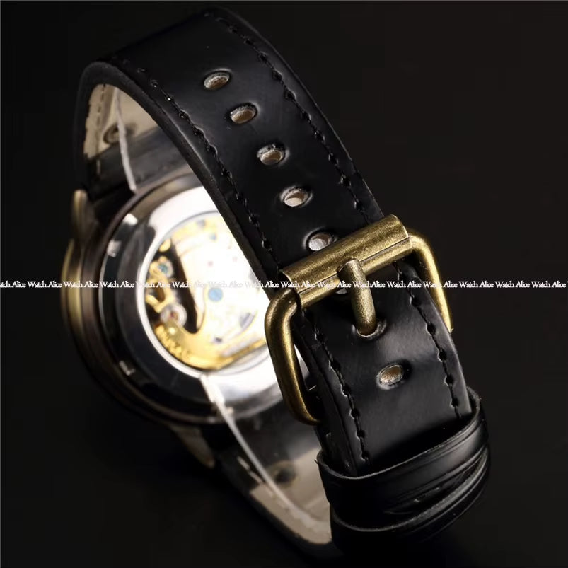 Bronze Automatic Mechanical Watch Men Leather Strap Steampunk Self-Wind Male Mechanical Clock Wristwatch Relogio Masculino 2020