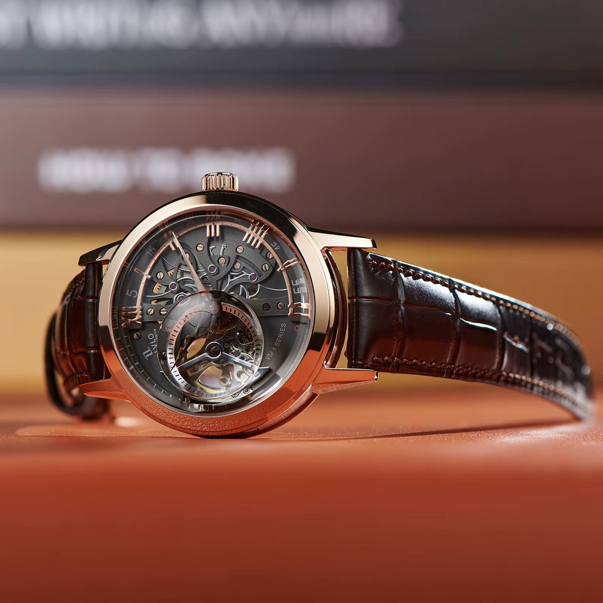 Retro Casual Men Skeleton Automatic Watches Mechanical Calfskin Strap Mineral Crystal Glass Waterproof Clock Dial 45Mm VM