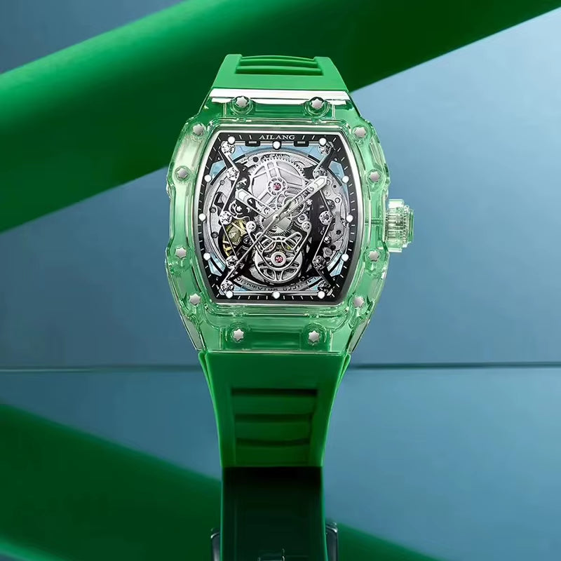 Men'S Automatic Mechanical Watch Sport Silicone Strap Waterproof Luminous Tonneau Design Skeleton Wrist Watch for Men